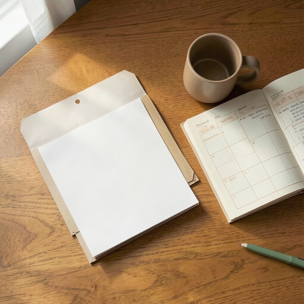 Mesa de trabajo con documentos laborales y agenda familiar junto a una ventana con luz natural